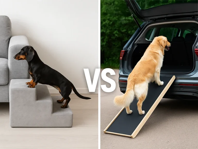Tacskó kutyalépcsőn a kanapéra vs golden retriever kutyarámpán a terepjáróba – kutyalépcső vagy rámpa összehasonlítás