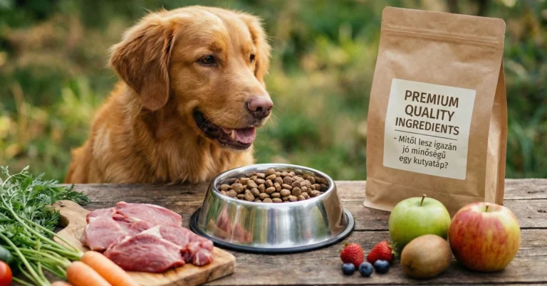 Arany retriever jó minőségű kutyatáp előtt friss húsokkal és zöldségekkel – mitől lesz prémium egy kutyatáp