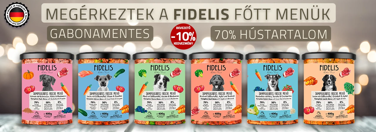 Fidelis főtt menü gabonamentes kutyatápok 70% hústartalommal – bevezető akciós banner