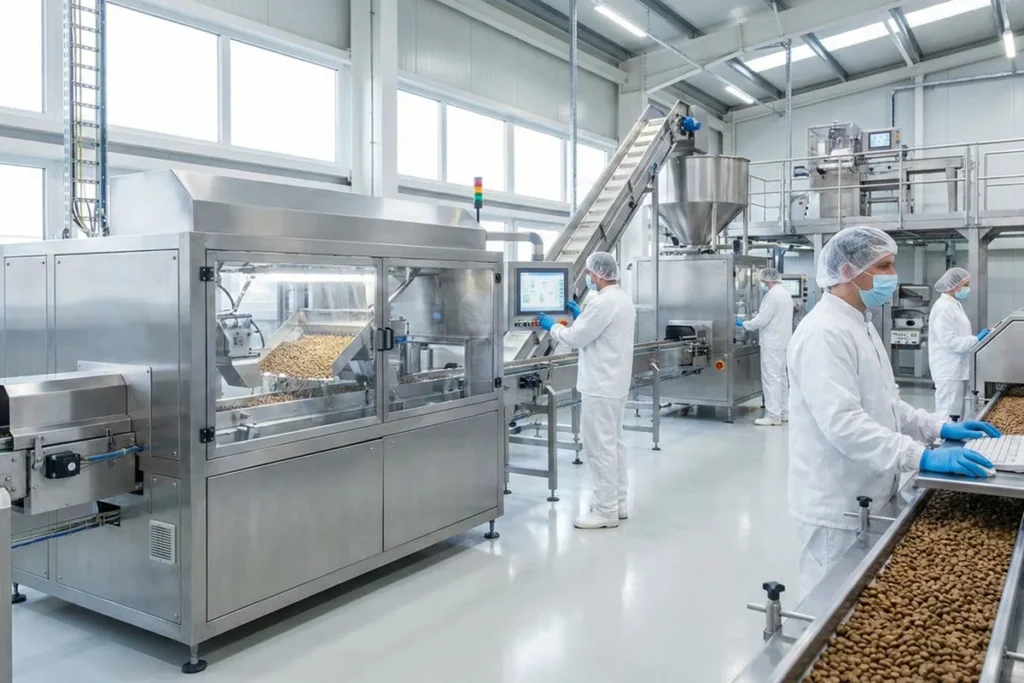 Modern kutyatáp-gyártó üzem extrudáló berendezéssel és dolgozókkal a gyártósoron