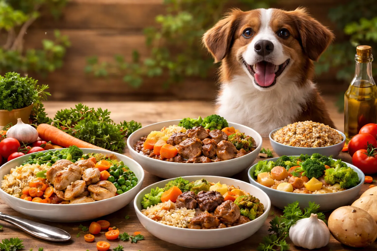 főtt menü kutyáknak friss húsból és zöldségekből tálalva egy boldog kutya előtt