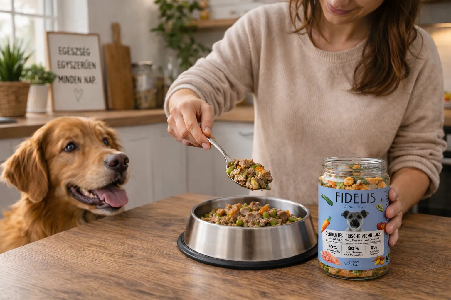 Főtt menü kutyáknak adagolása üvegből, időt spóroló etetés