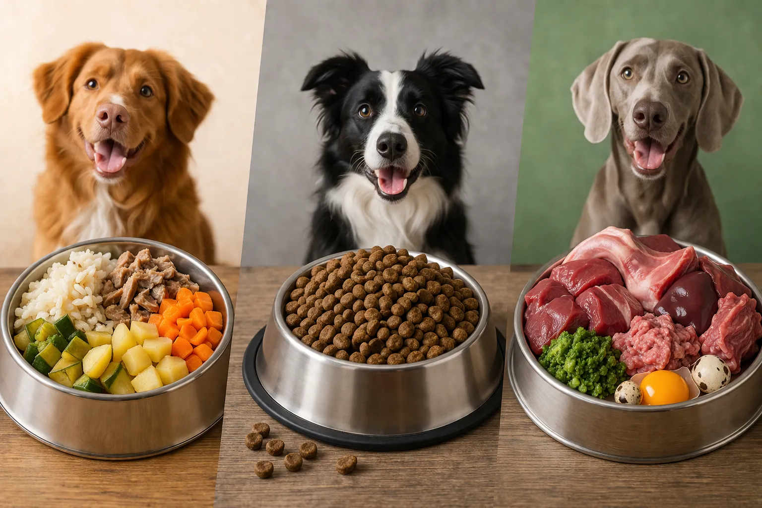 Főtt menü kutyáknak összehasonlítása száraztáppal és BARF étrenddel